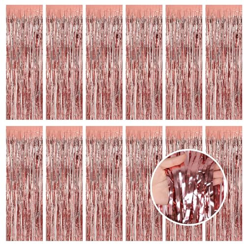 12 Pcs Rose Gold Metallic Tinsel Foil Fringe Curtains, 3.3ft x 8.2ft Tinsel Streamers Backdrop Door Curtains Hanging Streamers for Birthday Wedding Christmas Party Supplies(1m x 2.5m)