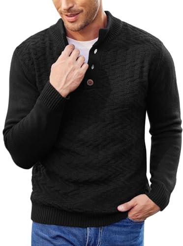 COOFANDY Mens Jumper Turtle Neck Jumper Knitted Polo Neck Jumpers Cable Knit Jumper Waffle Henley Pullover Sweaters Winter Black XL