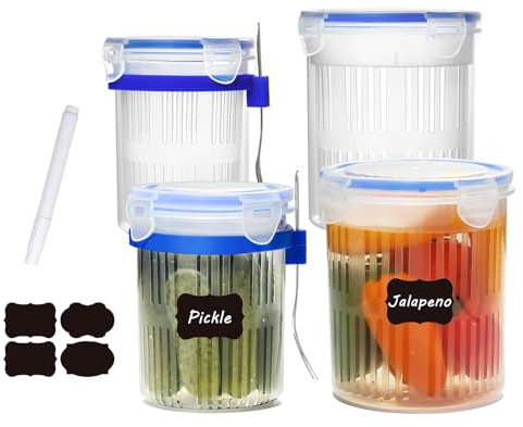 Qiuhome Pickle Jar with Strainer, Pickle Container with Strainer Jalapeno Container Pickle Storage Containers 4 Pack (24 oz & 45 oz)