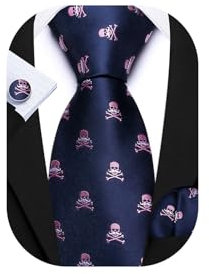 Barry.Wang Juego de corbatas de seda para hombre, gemelos formales, sólidos, pañuelo, tejido, boda, negocios, Calavera azul y rosa, Taille unique