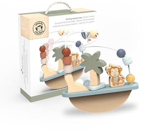 Speedy Monkey 691016 Motorikschleife aus Holz ab 12 Monate, 21x22 cm | Schaukel mit Äffchen und Palme, Motorikspielzeug für Kinder
