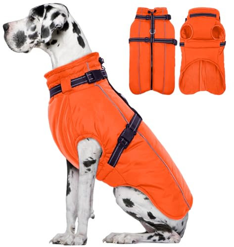 Lelepet Hundemantel für den Winter, Warme Hundejacke mit integriertem Geschirr, Winddicht Mantel mit Fleece Gefüttert für Hunde, Reflektierende Hundeweste für Kaltes Wetter, Orange 2XL