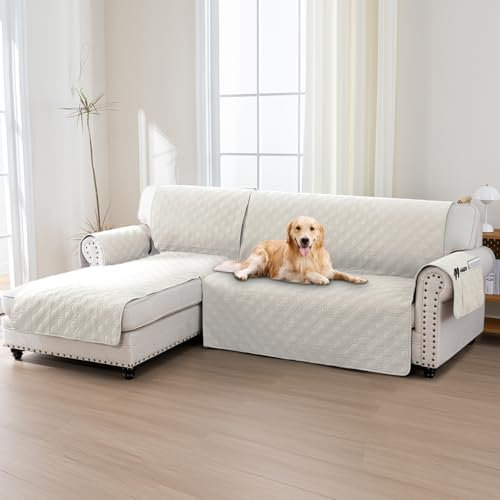 BellaHills 100% Wasserdicht Sofabezug 1 2 3 4 Sitzer, Wasserdicht Sofabezug L Form (247cm), Ecksofa Sofa überzug Anti-rutsch Sofaschutz, Beige