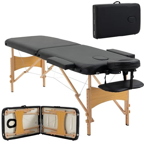 HOMCOM Portable Massage Bed, Folding Spa Beauty Massage Table with 2 Sections, Carry Bag and Wooden Frame, Black