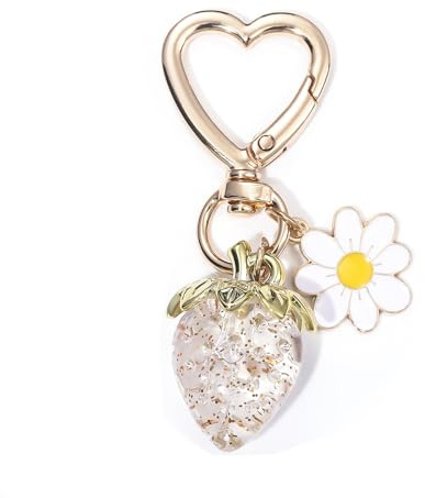 SJUIEO Süßer Erdbeer-Schlüsselanhänger, Taschenanhänger, Blumen- und Gänseblümchen-Schlüsselanhänger, Zubehör, Dekoration, Mädchen, roter Schlüsselbund, transparenter Schlüsselbund
