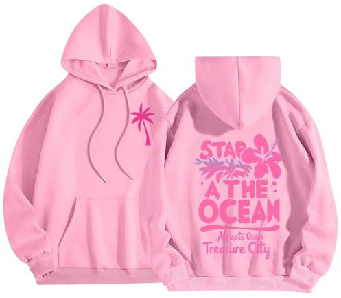 Hoodies for Girls Cute Pink Palm Puff Hoodie Letter Print Casual Graphic Hoodies Drawstring Pullover, 2024 Autumn Fashion Hooded Sweatshirts for Women UK Comfy Relaxed Fit Clothes