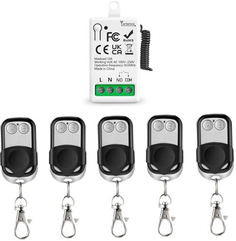 EunnacoTop Telecomando interruttore luce ricevitore relè senza fili 1 Canali 220V 230V 433 MHz RF con 5 trasmettitore,modalità interruttore on/off lampada per Luci/Ventilatore/Apriporta