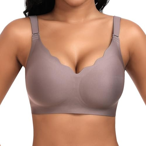 Cavotor Non Wired Support Bras for Women Wireless Push Up Bra Large Breasts Ladies Soft T Shirt Seamless Bra Padded V Neck Bralettes with Extender (Coffee,L)