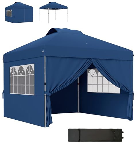 Outsunny Faltbare Gartenlaube Pop-up Partyzelt 3 x 3 höhenverstellbar mit Seitenwänden, Belüftungsöffnungen, Fenstern und Rolltasche Oxfordstoff - dunkelblau