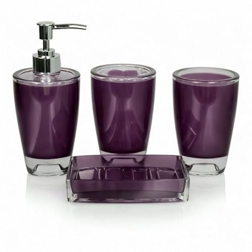 Badezimmer Set,Violett 4 Teile Badezimmer Zubehör Set mit Zahnbürstenhalter Zahnputzbecher Seifenspender Seifenschale, Hochzeit Einweihungsgeschenk Wohnungs Zubehör Moderne Badezimmer Deko.