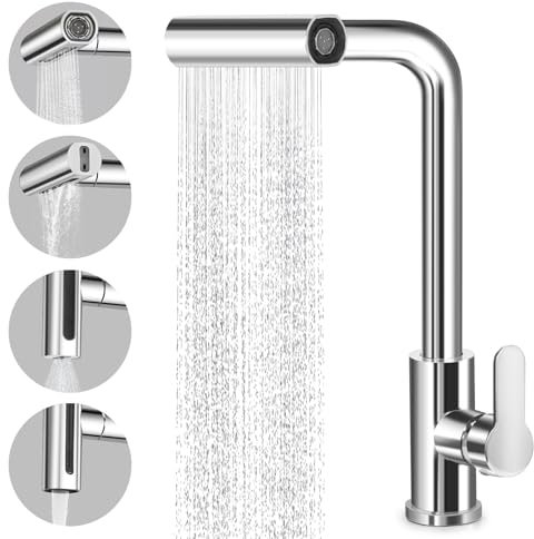 Virklyee Robinet cascade de cuisine extensible Mitigeur Cuisine Rotatif à 360° Robinet de Cuisine avec Pulvérisateur Extractible,4 Modes de Jet,Froid & Chaud Disponible (Argent)