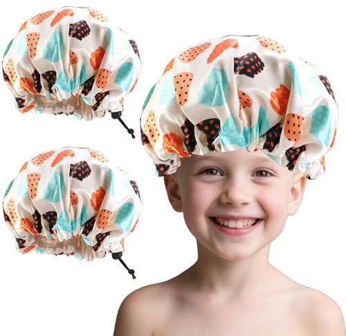 Flomiara 2 Pcs Shower Cap for Kids, Kids Shower Caps for Girls, Cute Hair Cap Wide Elastic Band, Reusable Waterproof Shower Cap, Bath Cap for Kids Girls Boys, Love Shaped Funny Interesting Shape Beige