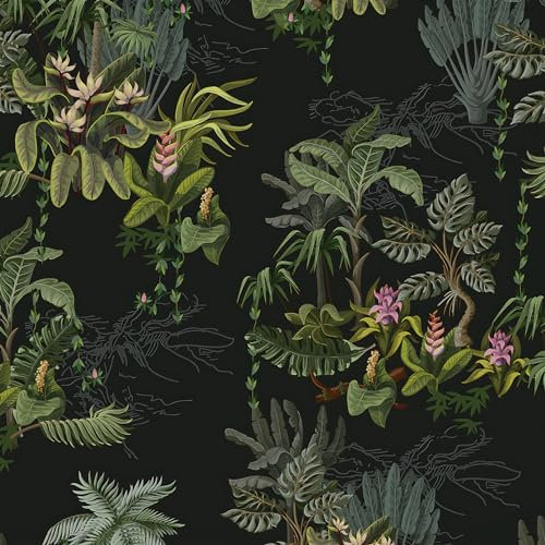 Timeet Selbstklebende Tapete Schwarz 41x300cm Tropische Botanische Blumen Möbelfolie Selbstklebend Klebefolie Vinyl Wasserdicht Klebetapete für Schlafzimmer Wohnzimmer Küche Wand Möbel