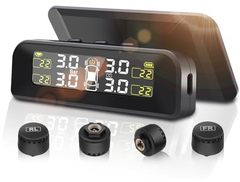 Avutrel 0-3.5Bar Tyre Pressure Monitoring System TPMS Solar Wireless & USB Charging, 5 Alarm Modes, 4 External Sensor, Universal Vehicle Accessories Fits for Cars SUVs Vans Caravans