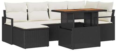 vidaXL Garten Essgruppe mit Kissen 7 pcs Schwarz und Creme, Verstellbare Füße Garten und Terrasse, modernes rechteckiges Essset, modulare Möbel für Balkon-Spaß