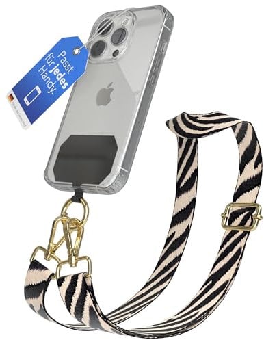 EAZY CASE - Handykette Universal zum Umhängen kompatibel mit jedem Handy Kette mit Hülle kombinierbar Handykordel Karabiner für Handyhülle Handyband zum Umhängen Bunt Zebra Kordel Schwarz Taupe Gold