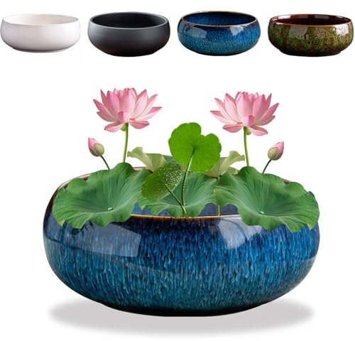 HDQQEU Bonsai Schale Lotusblume Keramik 16cm Blumenschale Lotus Pflanze Topf Bonsai Schüssel Chinesischer Seerose Lotusschalen-Pflanzgefäß Für Hydroponic Schale (Blau)