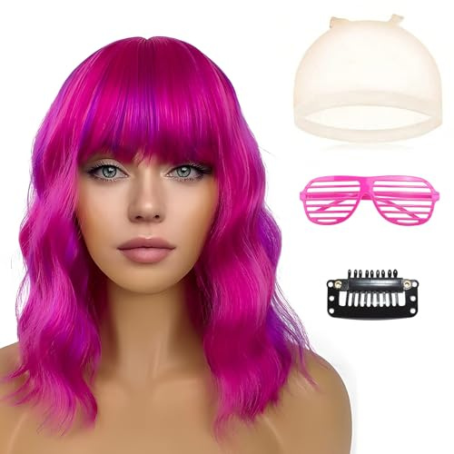 Pink Wigs for Women, Mermaid Wigs Costume Wig and Sunglass Set, Shoulder Length Loose Curly Hot Pink Wig with Bangs for Halloween Christmas Party