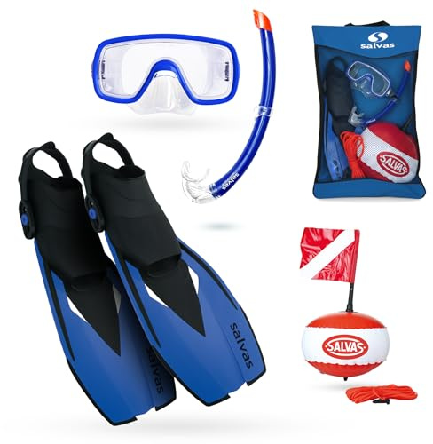 Salvas Sub Ultimate Set Snorkeling S/M - Maschera Snorkeling + Boccaglio Tubo Snorkel + Pinne Regolabili 36/41 + Boa di Segnalazione con Bandierina - Kit Snorkeling, Apnea ed Immersioni (Blu)