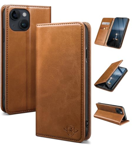 SUANDUCK for iPhone 14 6.1 phone case magnetic leather flip case with RFID-blocking card compartment, adjustable stand and 360° drop protection with Apple 14 Light Brown
