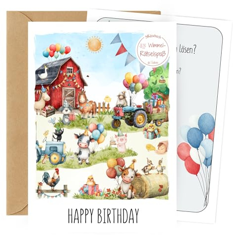 3Käsehoch Geburtstagskarte für Kinder Bauernhof – Wimmel Geburtstagskarte mit Rätsel ab 3 Jahren inkl. Umschlag | Happy Birthday Karte Bauernhof | Kindergeburtstag Jungen Mädchen Karte Geburtstag