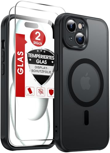 LeYi für iPhone 15 Hülle für Magsafe mit 2X 9H Panzerglas-Schwarz | Handyhülle Ultra Dünn Magnetisch Schutzhülle Schutzglas Matt Transluzent Stoßfest Case Cover für i Phone iPhon 15