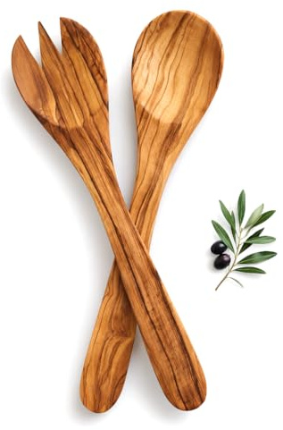 Cubiertos de madera de olivo natural – Tenedor y cuchara – Utensilios de cocina ensaladas comidas – 30 cm