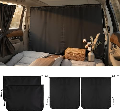 4 Stück Abnehmbarer Auto Sonnenschutz Vorhang Polyester Pongee Stoff | Trennvorhänge für Vordere & Hintere Sitze, Auch für Seitenfenster, Hitzeschutz & Verdunkelung, Universell für SUV, Van