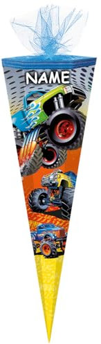 alles-meine.de GmbH Schultüte - Monster Truck - Auto - 85 cm - eckig - incl. Name - Tüllabschluß - Zuckertüte - mit/ohne Kunststoff Spitze - Markneukirchen - für Jungen - A..