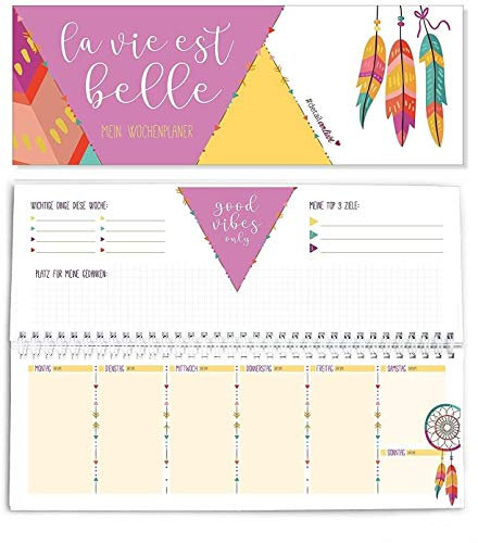 Tischkalender Wochenplaner Jahresunabhängig im Boho Style I 10,5 x 29,7 cm bunt I ohne Datum I 1 Woche 2 Seiten I dv227