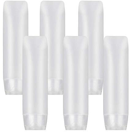 JamHooDirect 6Pcs 30ml Clear Plastic Empty Travel Bottles with Flip Cap, Transparent Refillable Cosmetic Containers Squeezable Tubes Includes 12 Stickers for Shampoo, Conditioner, Lotion
