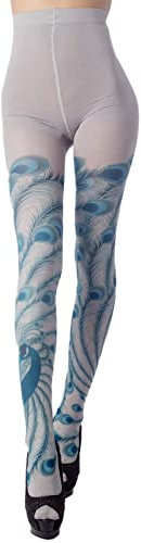 iB-iP Femme Imprimé Queue De Paon Collants Élégants, Taille: Taille unique, Gris clair & Turquoise