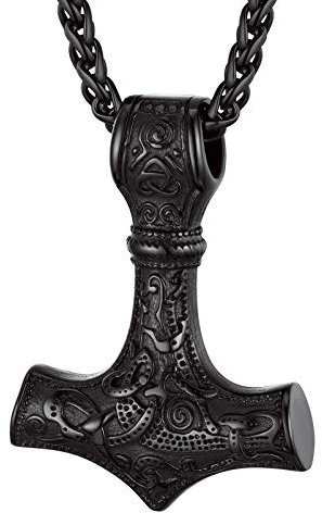 PROSTEEL Necklaces for Men, Viking Mjolnir Hammer Nordic Norse Amulet Stainless Steel Pendant Jewellery Black with Gift Box