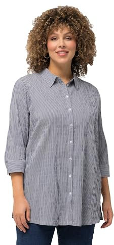 Ulla Popken Bubble-Bluse, Streifen, Hemdkragen, 3/4-arm Camicetta a Righe con Colletto a 3/4 a Bolle, Nero, 66-68 Donna