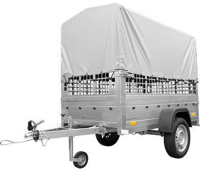Unitrailer Auto Anhänger Garden Trailer 200 Kipp mit Stützrad, Grauer Hochplane, Gitteraufsatz; Autoanhänger 750kg Kipper mit Geriffelter Oberfläche der Bordwände und Abnehmbarer Bordwand