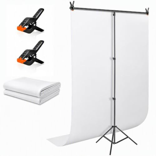 LENCARTA White Backdrop Photography Background with Stand Kit 2m x 3m (6.5ft x 9.8ft) White Backdrop Kit for Photo Video Portrait Photography Product Photo Background with 2x Clips