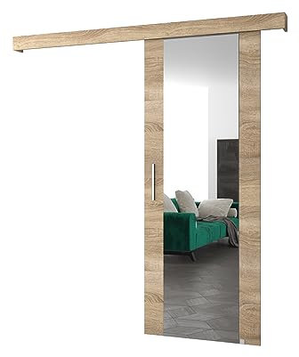 Ensemble Porte coulissante avec miroir + rail - Kit Porte Suspendue interieur et Quincaillerie Sliding Barn Door - 90x204cm - AGRA II (Avec Système Soft-Close, Sonoma, poignées en argent)