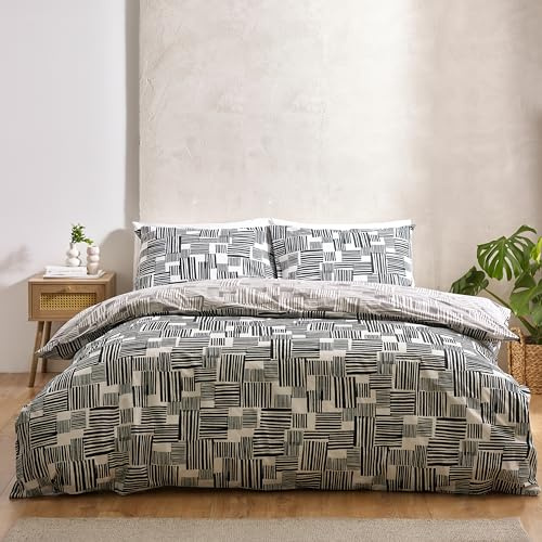 Catherine Lansfield Blocks Reversible Super King Duvet Cover Set with Pillowcases, Black