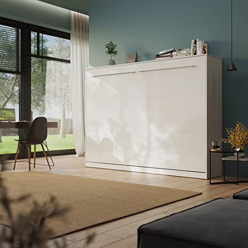 Schrankbett Standard 140x200 cm Horizontal Weiß/Weiß Hochglanzfront mit Gasdruckfedern, ausklappbares Wandbett, ideal geeignet als Wandklappbett fürs Gästezimmer, Büro, Wohnzimmer, Schlafzimmer