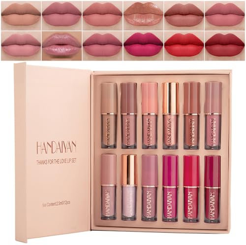 Lippenstift Set 12 Farben Lipgloss Set Matter Perlmuttartiger, Nicht Klebriger Lip Glaze Lippenstift Make Up Lippen für Frauen Schönheit Lipgloss Geschenke