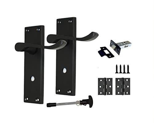 Haven Heritage Black Door Handles Internal Sets - Victorian Scroll Matt Black Choice of Latch, Lock, Bathroom or Privacy, This is for a Privacy Handle with Latch and Hinges.