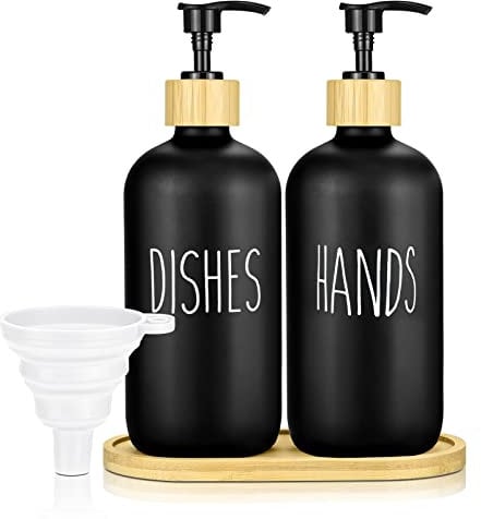 JTOOYS Soap Dispenser, 2Pcs Hand and Dish Dispenser Set with Wooden Base 500ML Refillable Glass Empty Container Reusable Detergent for Kitchen, Sink & Bath Wash Liquid - Black, 21X 7CM (JTOO-3311)