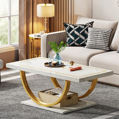 Tribesigns Moderner Couchtisch Weiß Gold, Wohnzimmertisch Faux Marmor Cocktailtisch mit Geometrischem Gestell,Rechteckiger Mitteltisch Teetisch Akzentmöbel Tisch Sofa Beistelltisch für Home Office