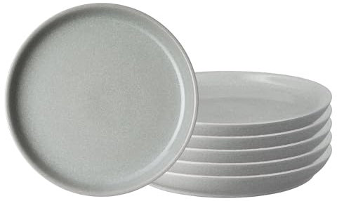Denby - Elements Light Gray Coupe Dinner Plates Set of 6 - Dishwasher Microwave Oven Safe - Scratch Chip Resistant - Large Ceramic Stoneware Dinnerware Plates Set