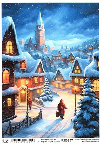 Josys Bastelmärchen Reispapier A4 Strohseide Decoupage Weihnachten Dorf Kirche RE3857
