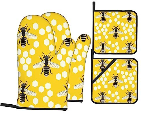 Ofenhandschuhe und Topflappen mit Bienenwaben, hitzebeständig, rutschfest, zum Backen, Kochen, Grillen, 4 Stück