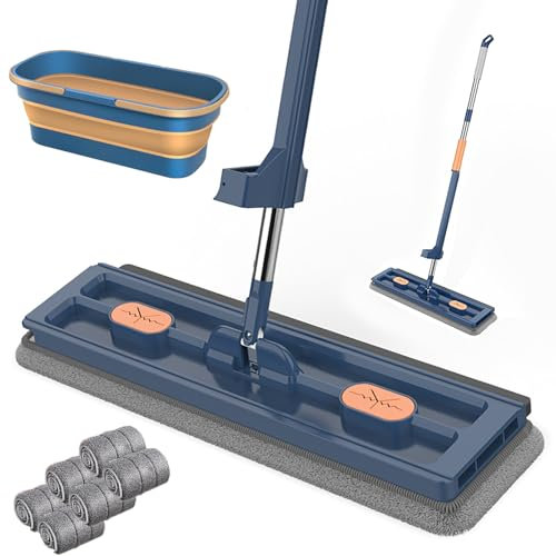 Large Flat Mop Set with Bucket, Microfibre Floor Mop for Cleaning Floors, Hands-Free Wiper Flat Mop Floor Mop 360° Swivel Joint,Blue,6× mop pad+bucket