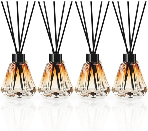 Reed Diffuser Set - 4 Empty Bottles With 20 Sticks, Delicate Gold Leaf Decor, Glass Fragrance Diffuser With Lids for Home, Bathroom | Refillable, Diamond Style Black