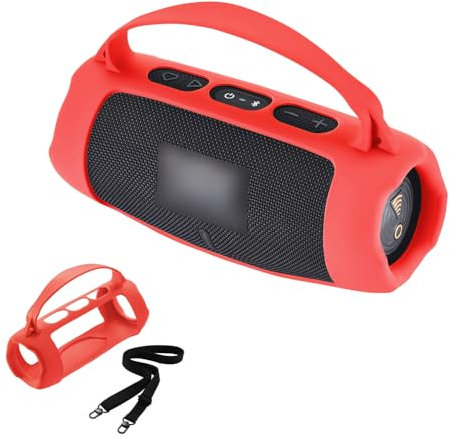 Silikonhülle für JBL Charge 5 Wi-Fi/Charge 5 Tragbarer Bluetooth-Lautsprecher, Schutzhülle mit Griff und Schultergurt, Zubehör für kabellose Lautsprecher, Rot