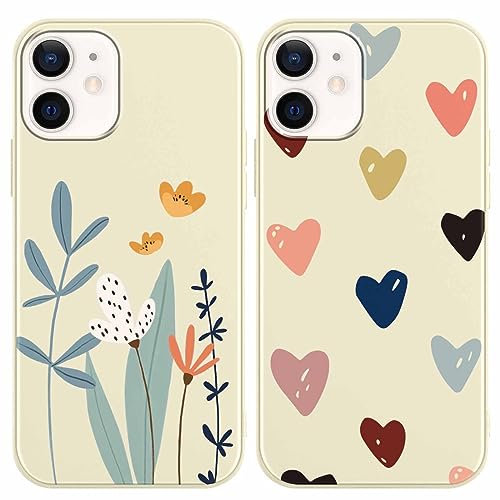 Yoedge 2 Pack Cute Beige Flowers Heart Print Suitable for iPhone 12 mini 5.4 Inch Phone Case, Love Floral Pattern Aesthetic Shell Soft Silicone Shock-Absorbing Cover, Suitable for Women and Girls